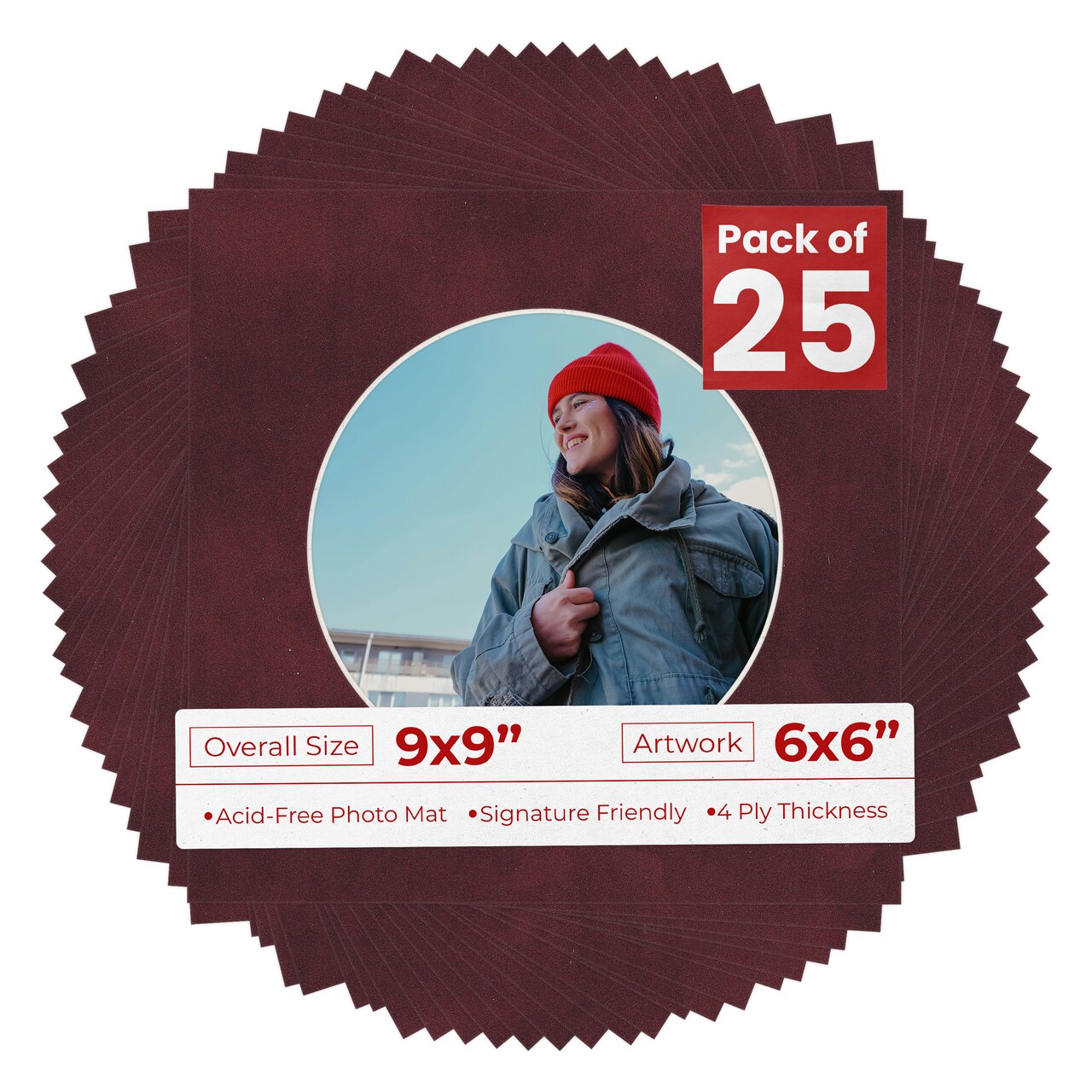 Dark Red Suede Mat Board for 9x9 Frames - Circle Opening for 6x6 Photos